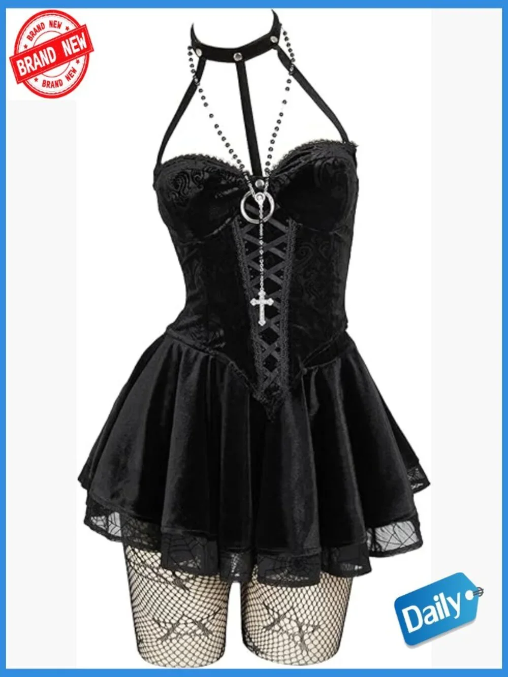 Gothic Corset Top Skirt Set with Net Stockings and Sleeves